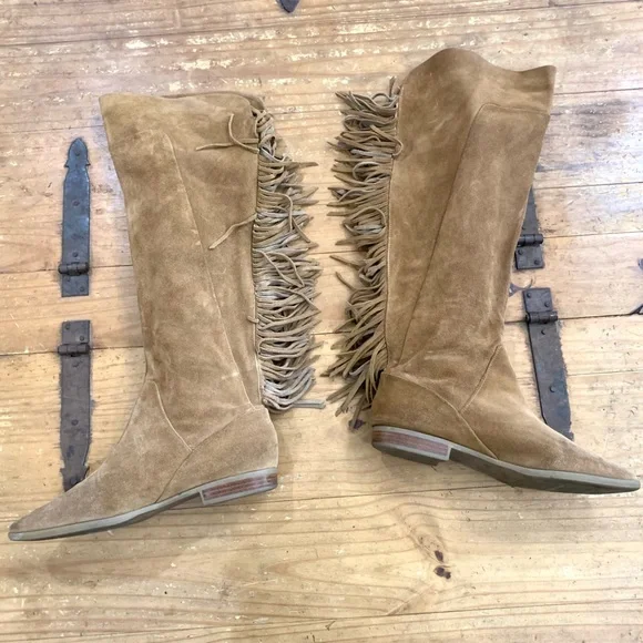 Aldo Cyndy Suede Fringe Detail Tall Boots 9 Pull On Bohemian Western Casual - Picture 2 of 14